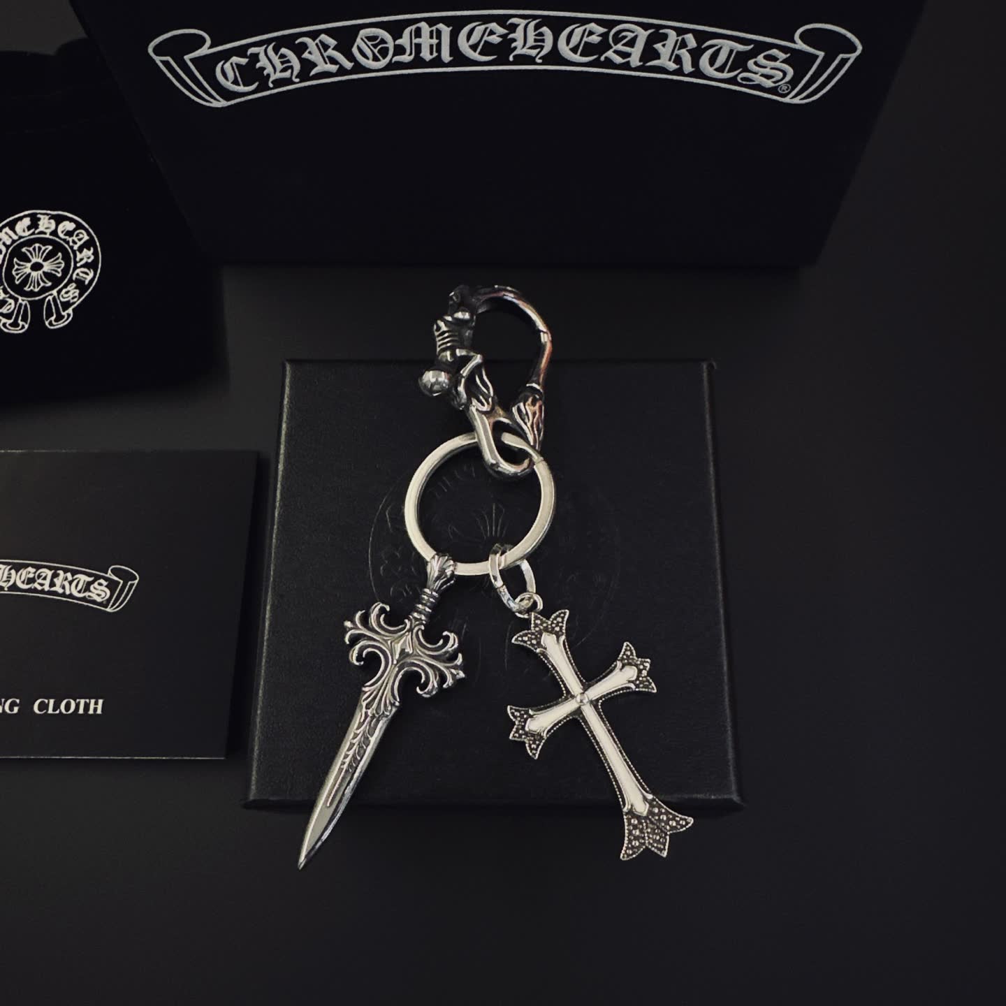 Chrome Hearts Silver Keychain with Sword and Cross Charms